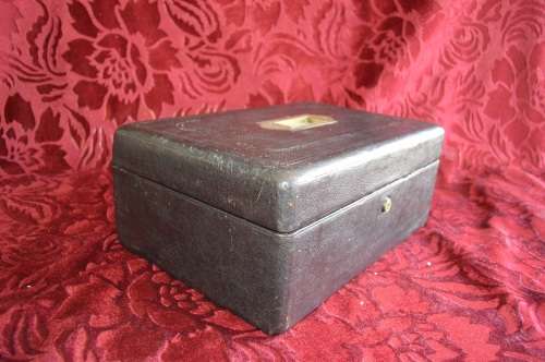 Rear  1855 LARGE ENGLISH BLACK LEATHER WRITING BOX / SLOPE / LAP DESK