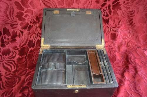 Rear  1855 LARGE ENGLISH BLACK LEATHER WRITING BOX / SLOPE / LAP DESK