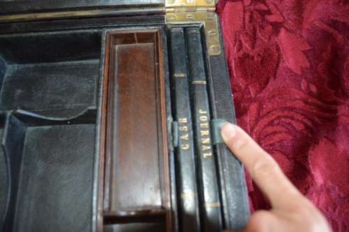 Rear  1855 LARGE ENGLISH BLACK LEATHER WRITING BOX / SLOPE / LAP DESK