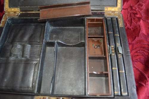 Rear  1855 LARGE ENGLISH BLACK LEATHER WRITING BOX / SLOPE / LAP DESK