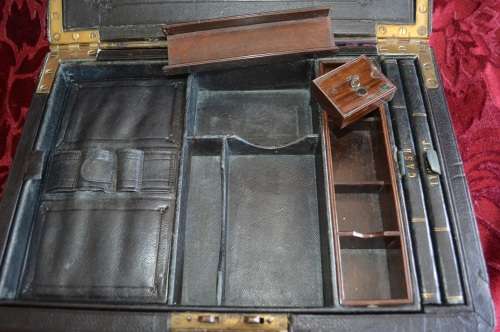 Rear  1855 LARGE ENGLISH BLACK LEATHER WRITING BOX / SLOPE / LAP DESK