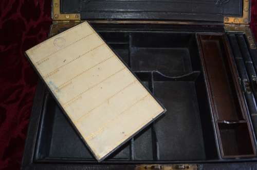 Rear  1855 LARGE ENGLISH BLACK LEATHER WRITING BOX / SLOPE / LAP DESK
