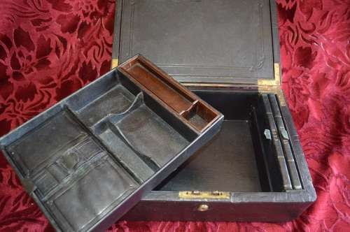 Rear  1855 LARGE ENGLISH BLACK LEATHER WRITING BOX / SLOPE / LAP DESK