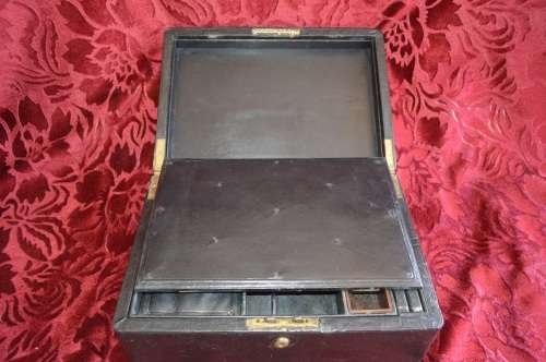 Rear  1855 LARGE ENGLISH BLACK LEATHER WRITING BOX / SLOPE / LAP DESK