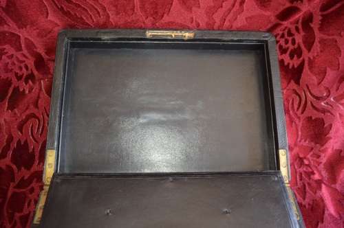 Rear  1855 LARGE ENGLISH BLACK LEATHER WRITING BOX / SLOPE / LAP DESK