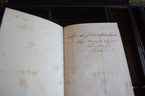 Rear  1855 LARGE ENGLISH BLACK LEATHER WRITING BOX / SLOPE / LAP DESK