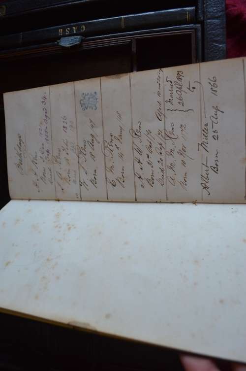 Rear  1855 LARGE ENGLISH BLACK LEATHER WRITING BOX / SLOPE / LAP DESK