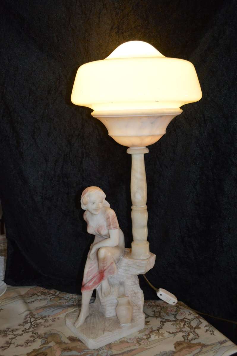 Italian Carved Alabaster Woman Fountain Lamp after G. Mascagni of Rebecca at  `The Well`