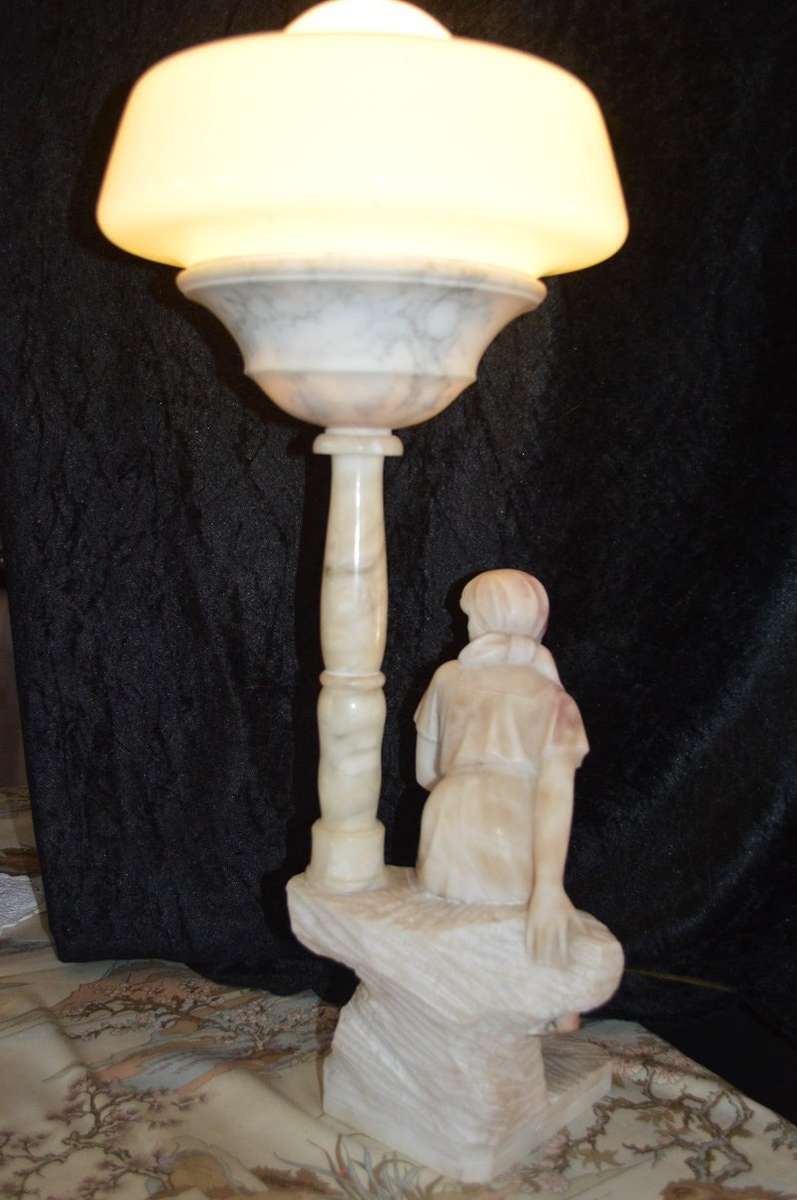 Italian Carved Alabaster Woman Fountain Lamp after G. Mascagni of Rebecca at  `The Well`