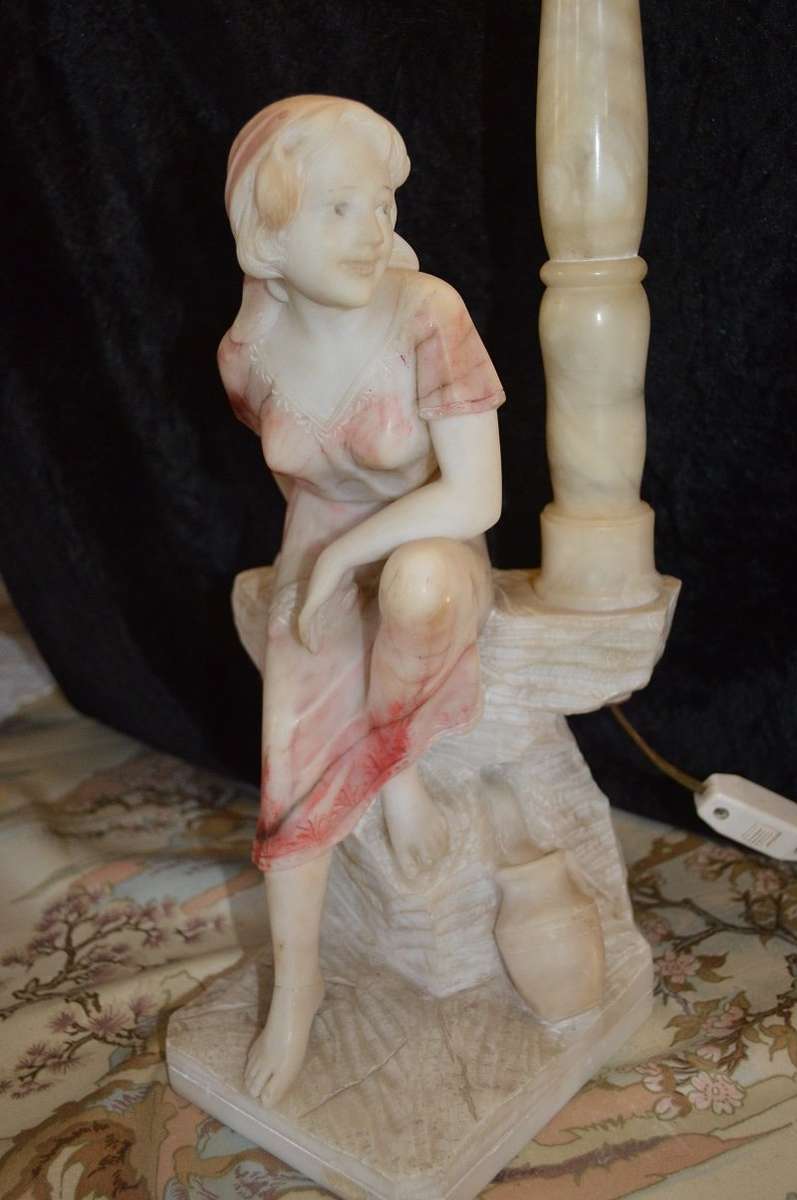 Italian Carved Alabaster Woman Fountain Lamp after G. Mascagni of Rebecca at  `The Well`