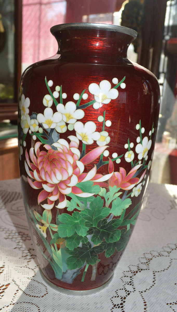 Japanese Cloisonné Vase with Ginbari Red  tall 10` 25cm