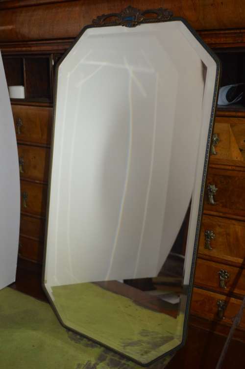 Stunning large Antique wall mirror with bevelled glass and enamel blue inlay