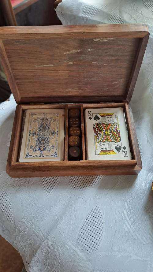 Vintage Rose wood playing card box with dice all original CHRISTMAS GIFT?