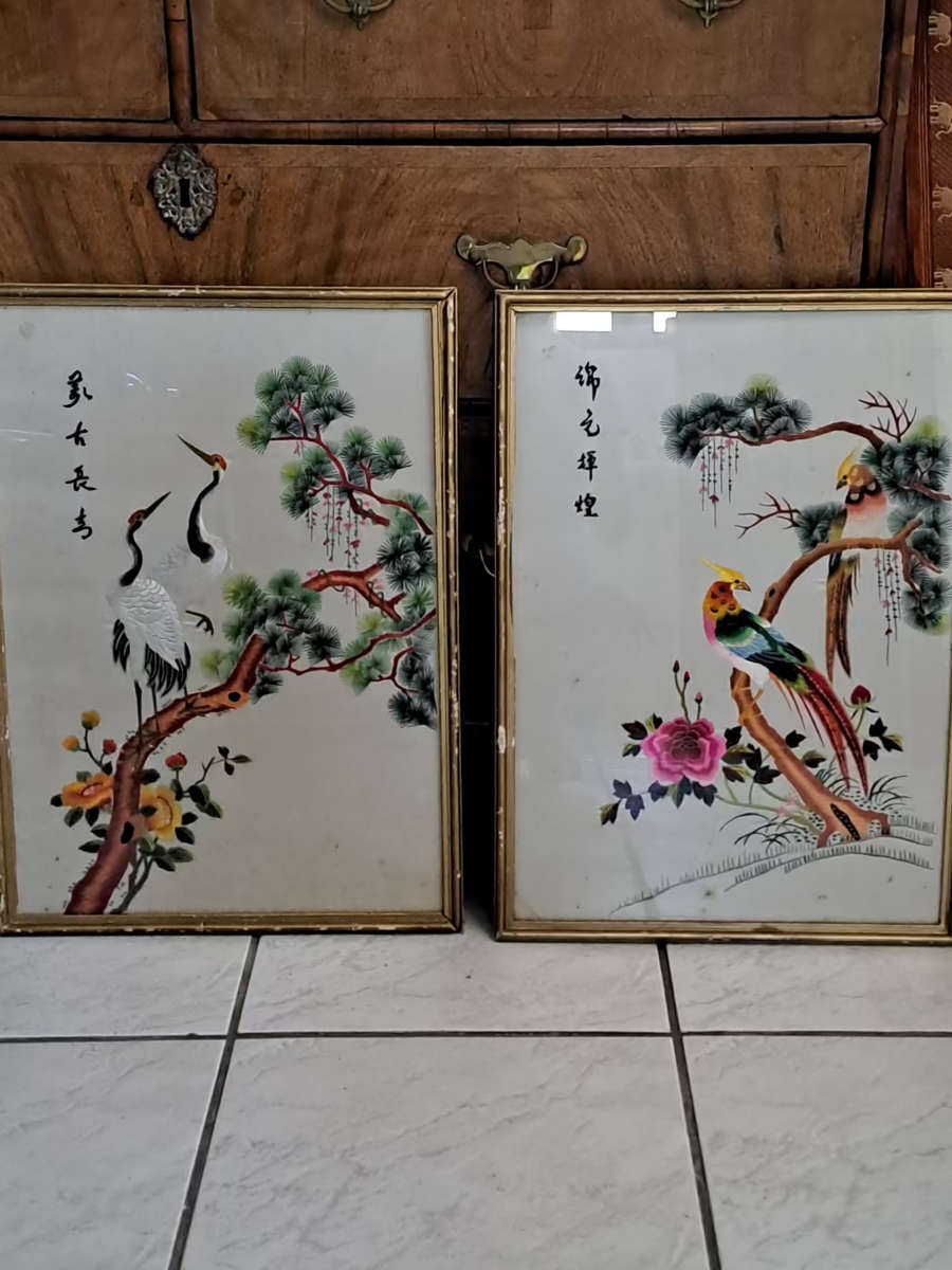 a pair of chines silk stitched Birds of Paradise
