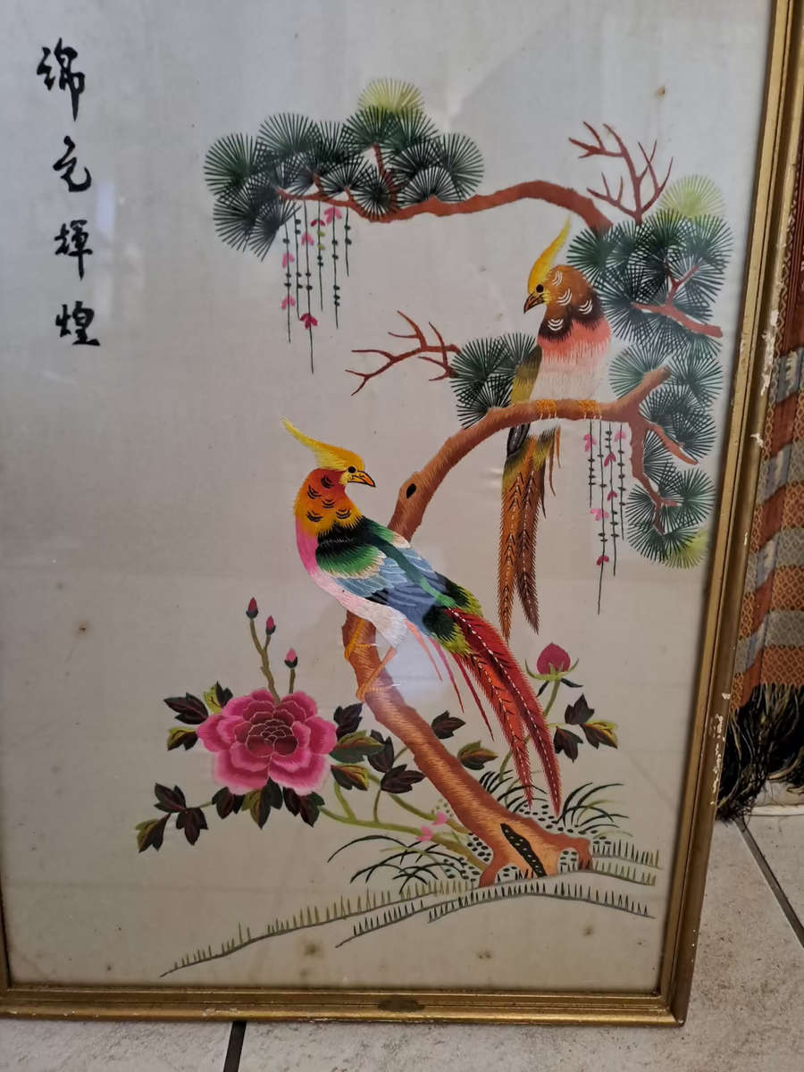 a pair of chines silk stitched Birds of Paradise