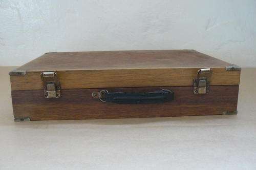 JUST SO DIFERENT WOODEN BRIEFCASE WITH LEATHER INNER, FEET AND HINGES