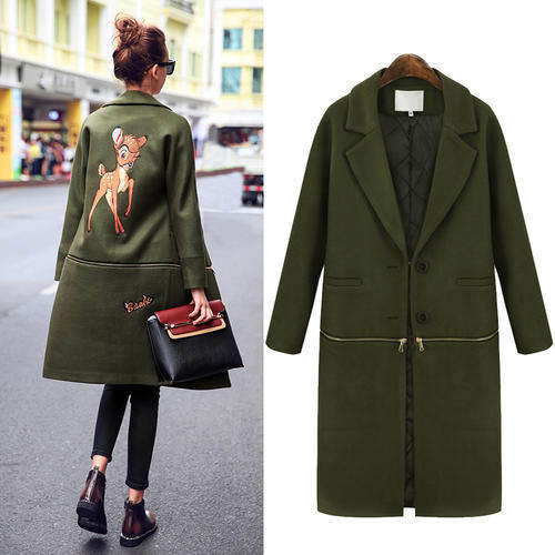 Di Reve Ladies Warm Stylish Top Quality Fashion Classic Golden Zip Army Green Disney Dear Bambi Coat