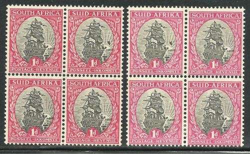 South Africa 1d Ship Blocks of 4 different shades MNH Black mark in sun rays