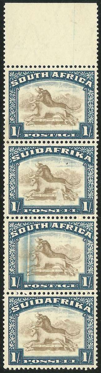 SOUTH AFRICA 1935 1s Vertical Strip of 4 NHM. Bird in Sky, Line under F & Doctors Blade.