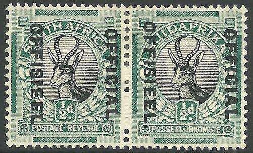 South Africa 1930-47 1/2d Official pair with stop after Offisieel on Afrikaans stamp. HM.