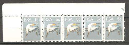 RSA 1974-77 5c NHM marginal strip of five with VARIETY.