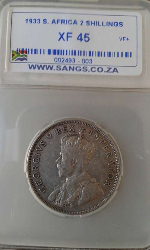 1933 2 Shillings SANGS XF45.Catalogues at R10 000 in EF