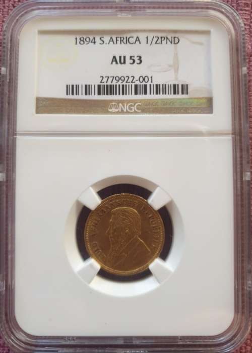 1894 ZAR Gold Half Pond.NGC Graded AU53.Mintage only 39187.(VERY ELUSIVE, ESPECIALLY IN THIS GRADE)