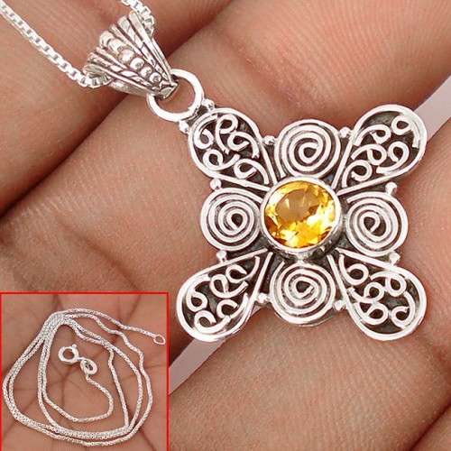 Natural Yellow Citrine 925 Sterling Silver 18' Chain Pendant