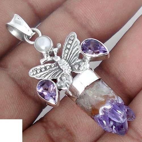 NATURAL PURPLE AMETHYST CYLINDER DRUZY PEARL 925 SILVER BUTTERFLY PENDANT