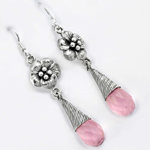 925 STERLING SILVER NATURAL PINK ROSE QUARTZ FLOWER EARRINGS