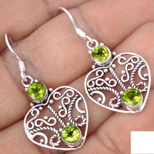 NATURAL GREEN PERIDOT 925 STERLING SILVER HEART DANGLE EARRINGS