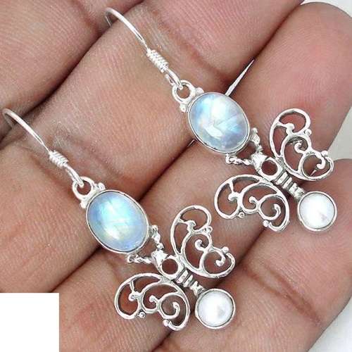 Natural Rainbow Moonstone Pearl 925 Silver Butterfly Earrings