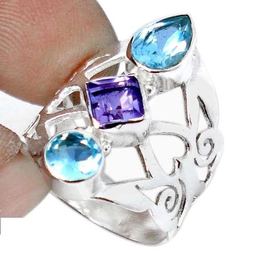 NATURAL BLUE TOPAZ AMETHYST 925 STERLING SILVER TRILOGY RING SIZE 8