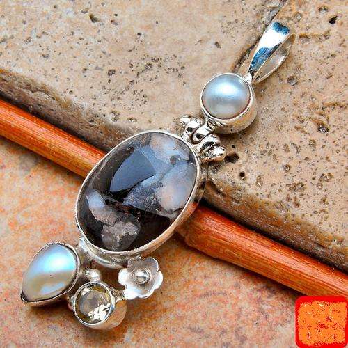 Exquisite Solid Silver Black Copper Onyx Citrine Pearl Pendant...