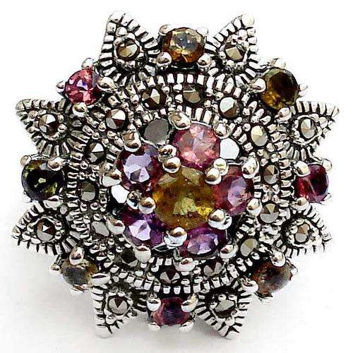 Gorgeous Solid Silver Multi Colour Tourmaline and Marcasite ring...
