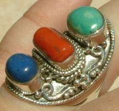 Gorgeous Solid Silver Coral, Lapis & Turquoise ring...