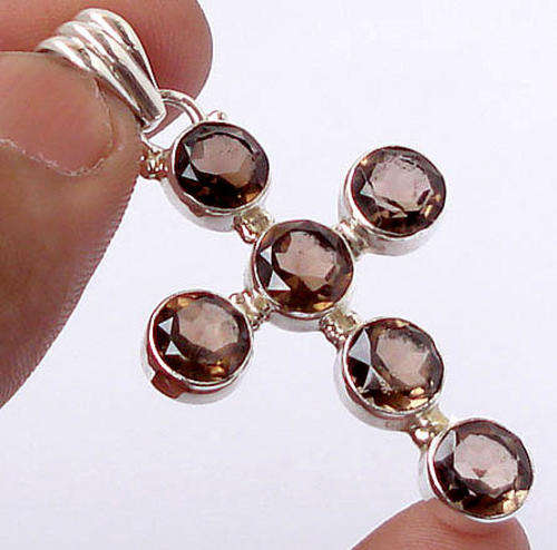 Exquisite Solid Silver Smoky Topaz Cross pendant...