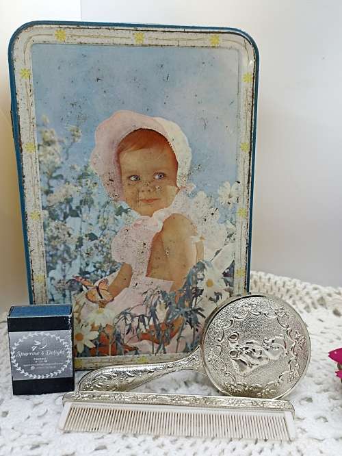 VINTAGE : Baby`s first brush and comb set - Silver Tone