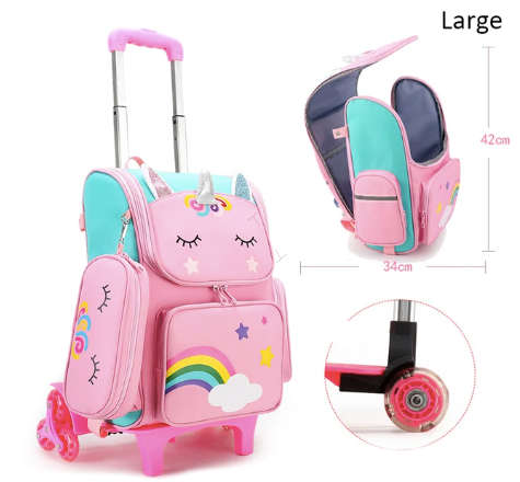 Children Trolley Backpack Cute 3D Cartoon Unicorn Wheeled School Bags - Pink