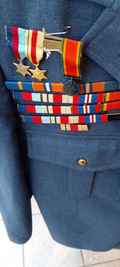 VINTAGE SAAF TUNIC WITH AUTHENTIC WW  11 MINI MEDALS AND SERVICE MEDAL RIBBON STACKS. SEE DESC.