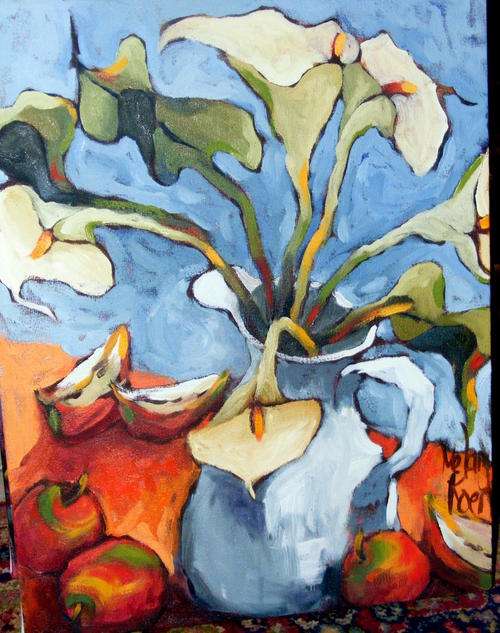 ARUM LILLIES AND APPLES 300X400X44 MM CAN HUNG AS IS!
