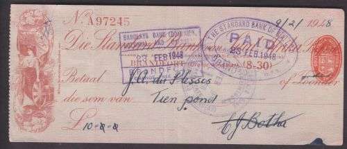 CHEQUE ++ 1948 ++ "STANDARD BANK - BRANDFORT" ++ 1d EMBOSSED ++ SEE SCAN BELOW