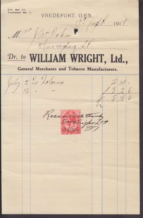 STATEMENT ++ 1918 ++ "WILLIAM WRIGHT VREDEFORT OFS" ++ WITH RECEIPT KG V 1d ++ SEE BELOW