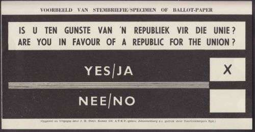 LABEL (LARGE 230x120mm) ++ "ARE YOU IN FAVOUR OF A REPUBLIC FOR THE UNION" ++ MINT ++ SEE BELOW