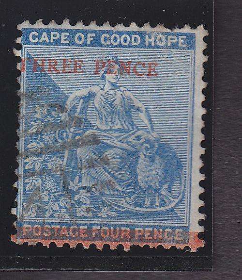 1879 ++ "THREE PENCE" SURCHARGE IN RED ON 4d (SHIFTED LEFT) ++ VFU ++ SACC 29