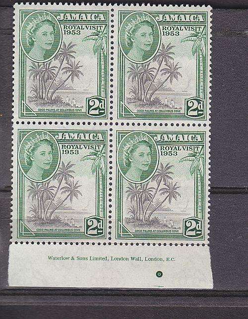 JAMAICA ++ 1953 ++ QE II ++ "ROYAL VISIT" ++ 2d GREY-BLACK & GREEN ++ IMPRINT BLOCK ++ MNH ++ SG 154