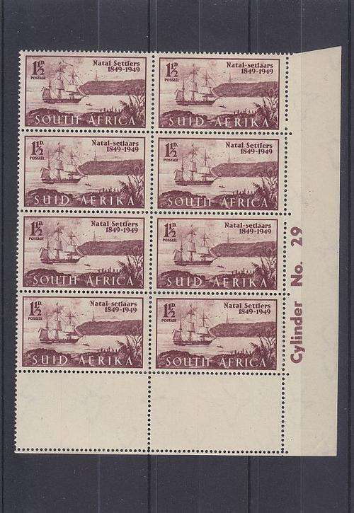1949 ++ "CENT SETTLERS" ++ C/BLOCK OF 8 - WITH VAR "STREAMER ATTCHED" - SEE SCANS BELOW