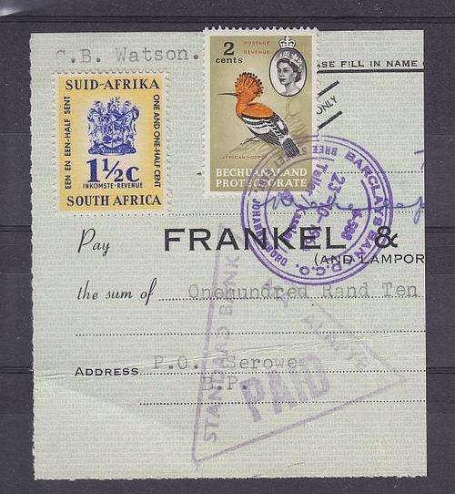 REVENUE COMBO ++ "RSA" 1964 x 1 1/2c & "BOTSWANA" 2c ++ ON PIECE ++ SEE BELOW