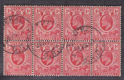 1905 ++ KE VII ++ 1d SCARLET (MULT CROWN - CA) ++ BLOCK OF 8 ++ VFU MULT BLOCK ++ SACC 94