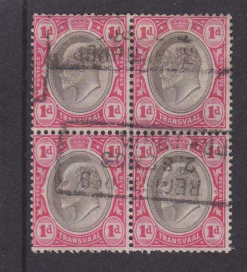 1902-03 ++ KE VII ++ 1d BLACK & CARMINE (CROWN CA) ++ BLOCK OF 4 ++ FU ++ SACC 251